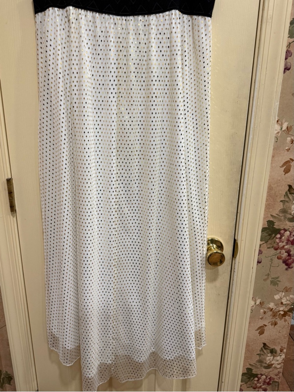 LuLaRoe White Maxi Skirt with Black Waistband and Small Black Dot Print